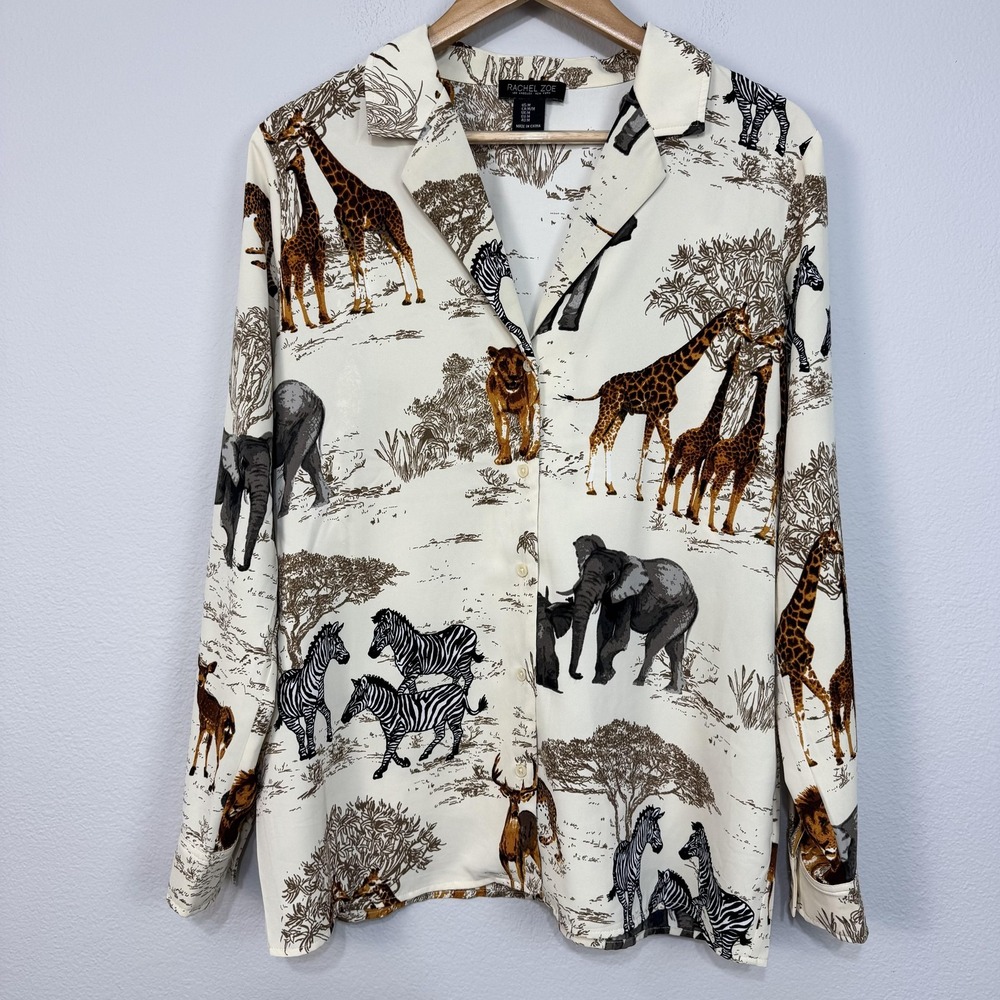 Rachel Zoe Shirt Women's Medium Safari Animal Print Button Front Long Sleeve